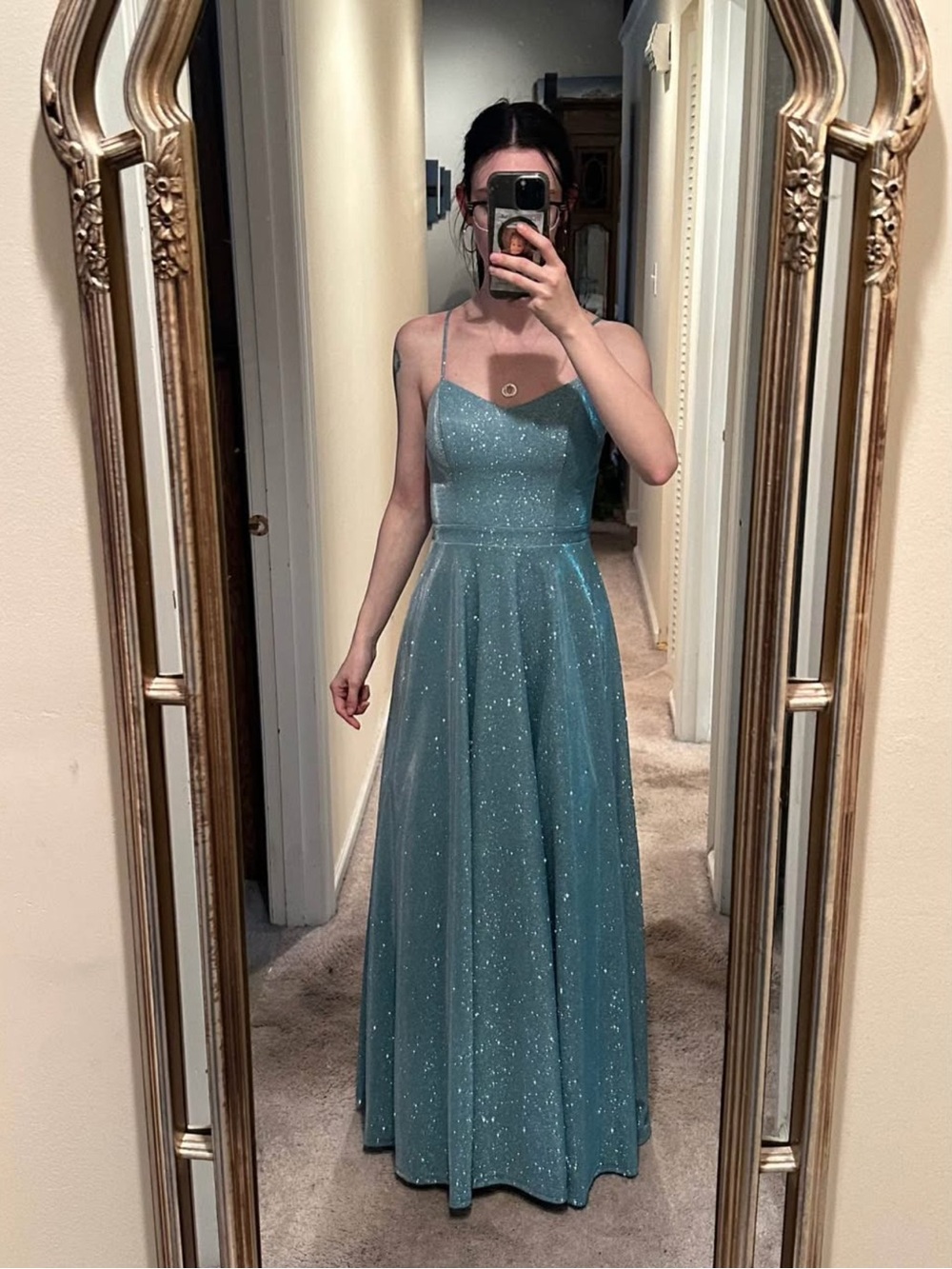 Macy's Sparkle A-Line Spaghetti Strap Gown in Teal Blue